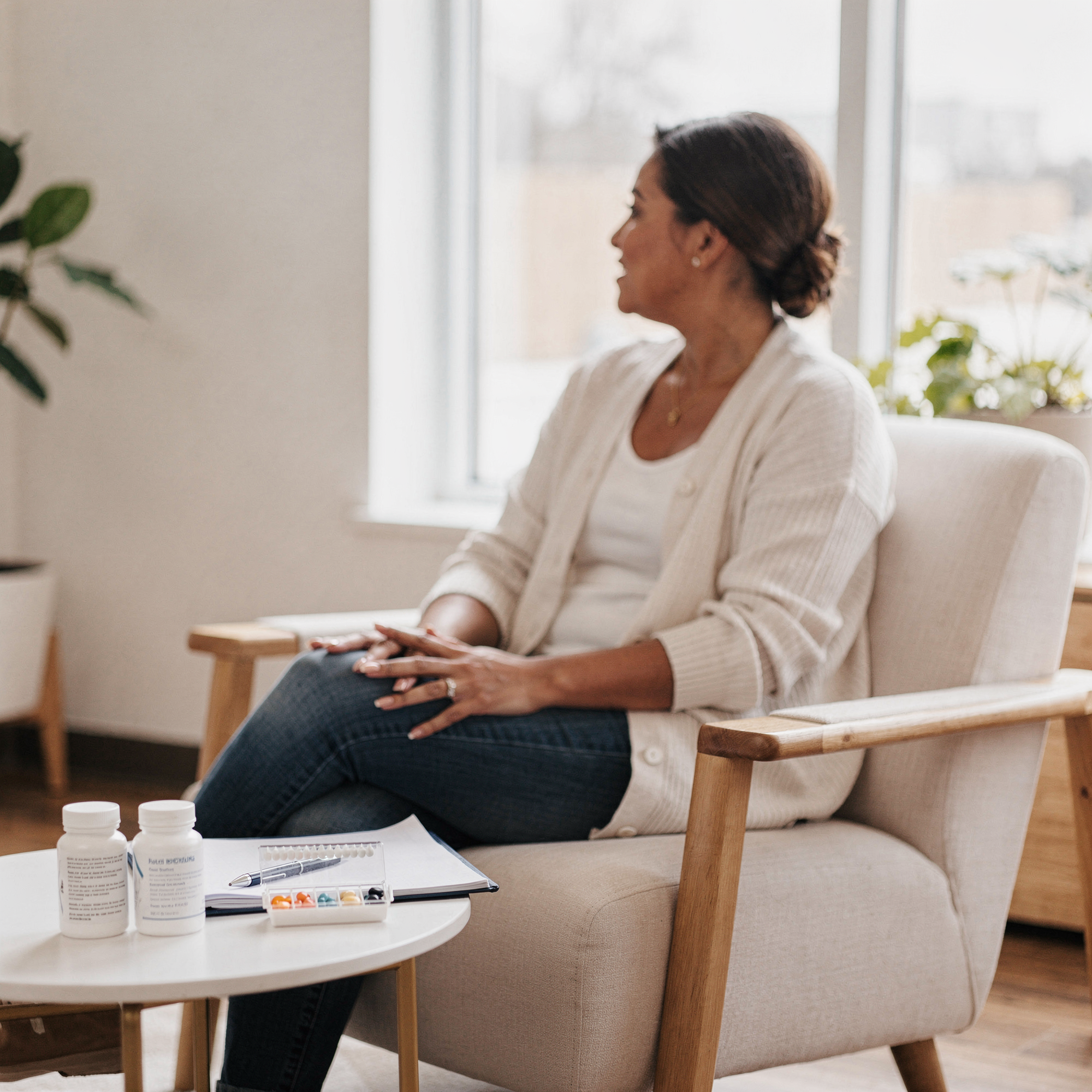 Woman sitting in a clinical consultation room with medication bottles and a pill organizer on the table in front of her
